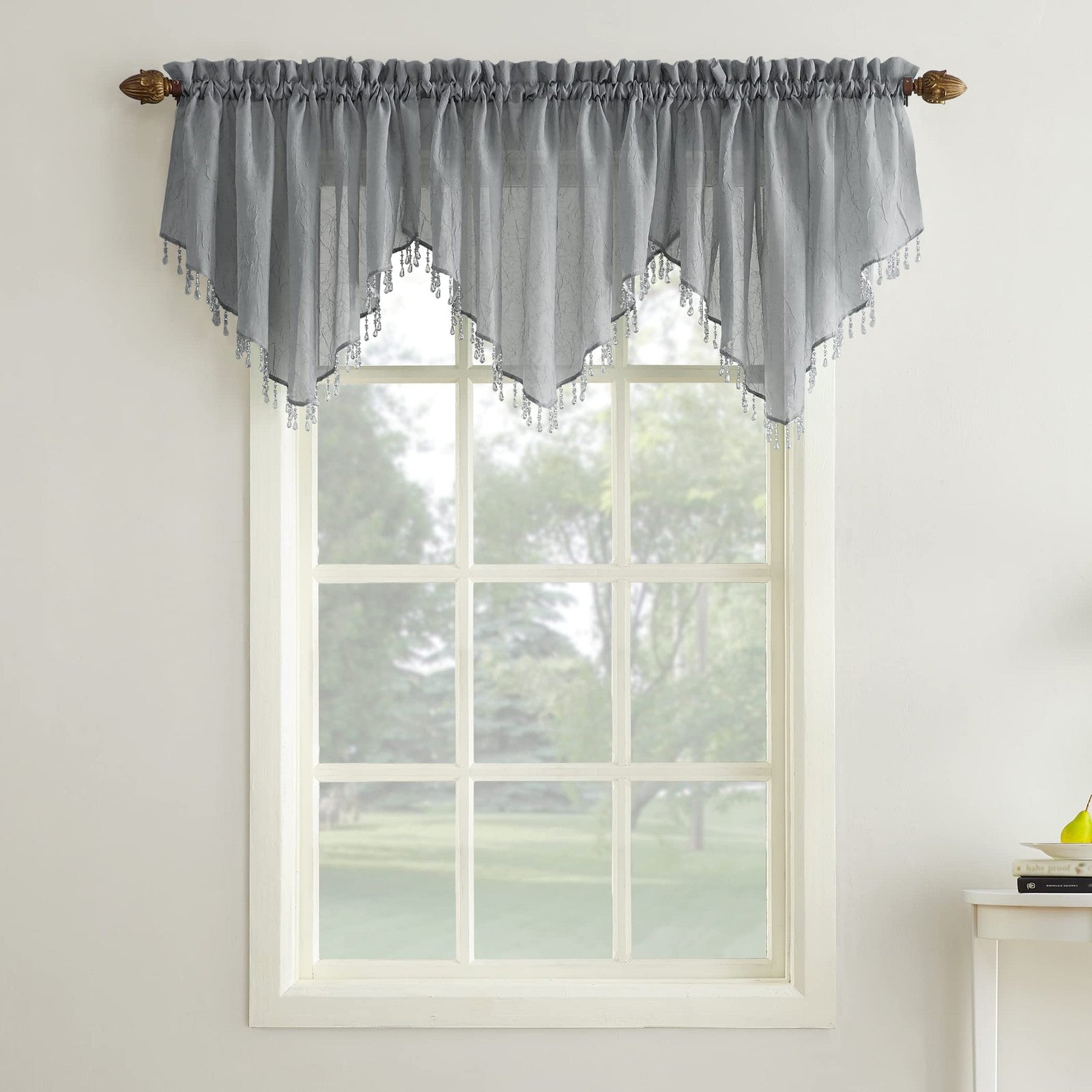 No. 918 Erica Crushed Voile Ascot Beaded Sheer Rod Pocket Curtain 3-Piece Set