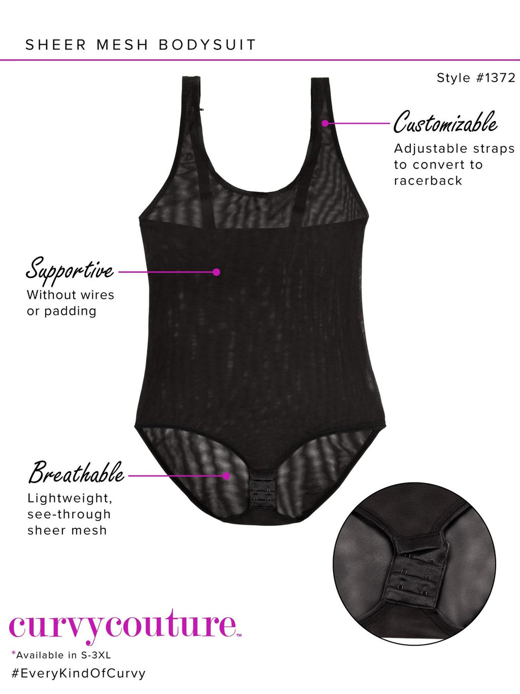 Curvy Couture Women's Plus Size Sheer Mesh Bodysuit Black Hue XXL