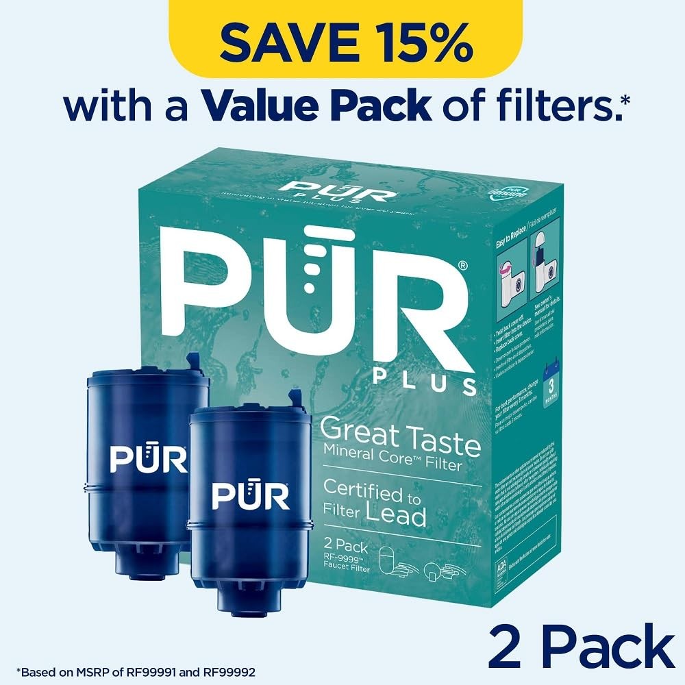 Genuine PUR PLUS Faucet Filter 2-Pack, 3-in-1 Mineral Filtration, Blue