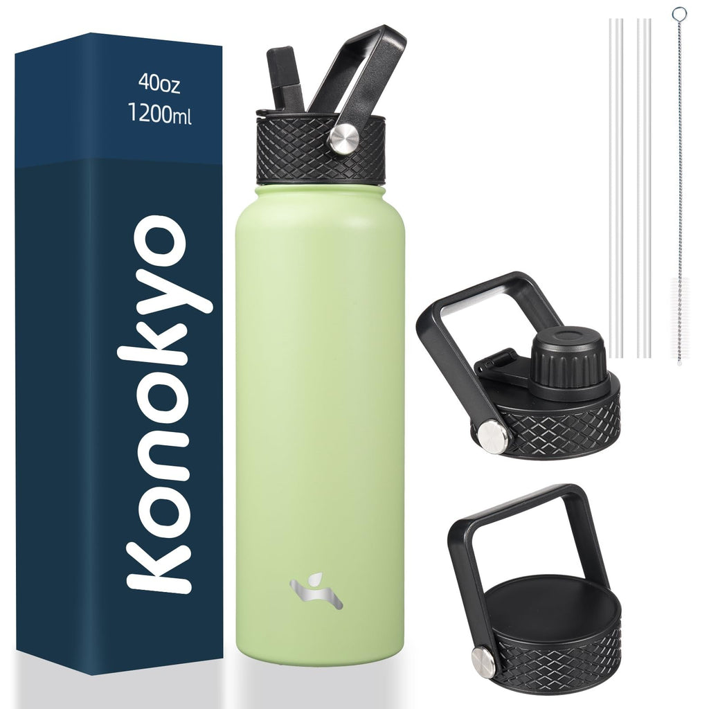 Konokyo 40oz Insulated Sport Bottle, Stainless Steel, Macaron Green