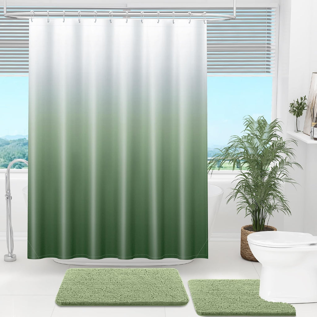Modern Sage Green Ombre Shower Curtain, 72x72 in, Waterproof, 12 Hooks