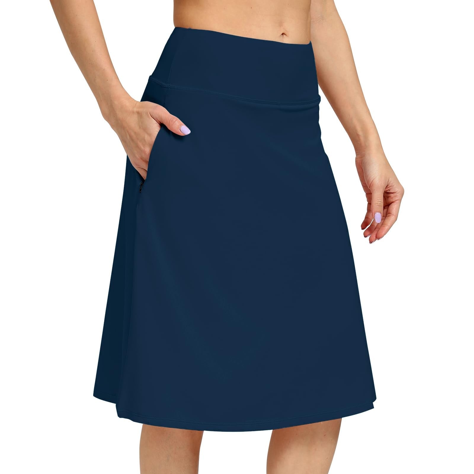 Navy Womens Midi Skirt L - High Waist, Hidden Drawstring, Active Wear