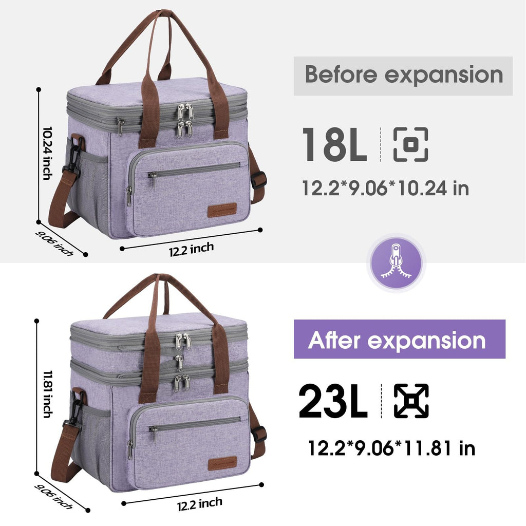 Expandable 23L Lunch Bag, Insulated Cooler with Side Pocket, Lavender