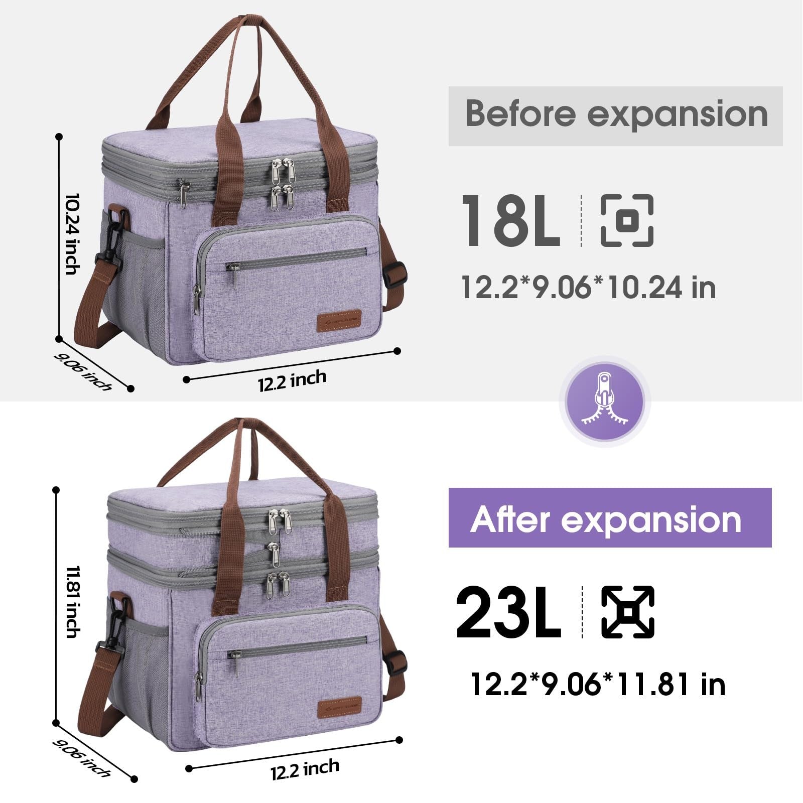 Expandable 23L Lunch Bag, Insulated Cooler with Side Pocket, Lavender