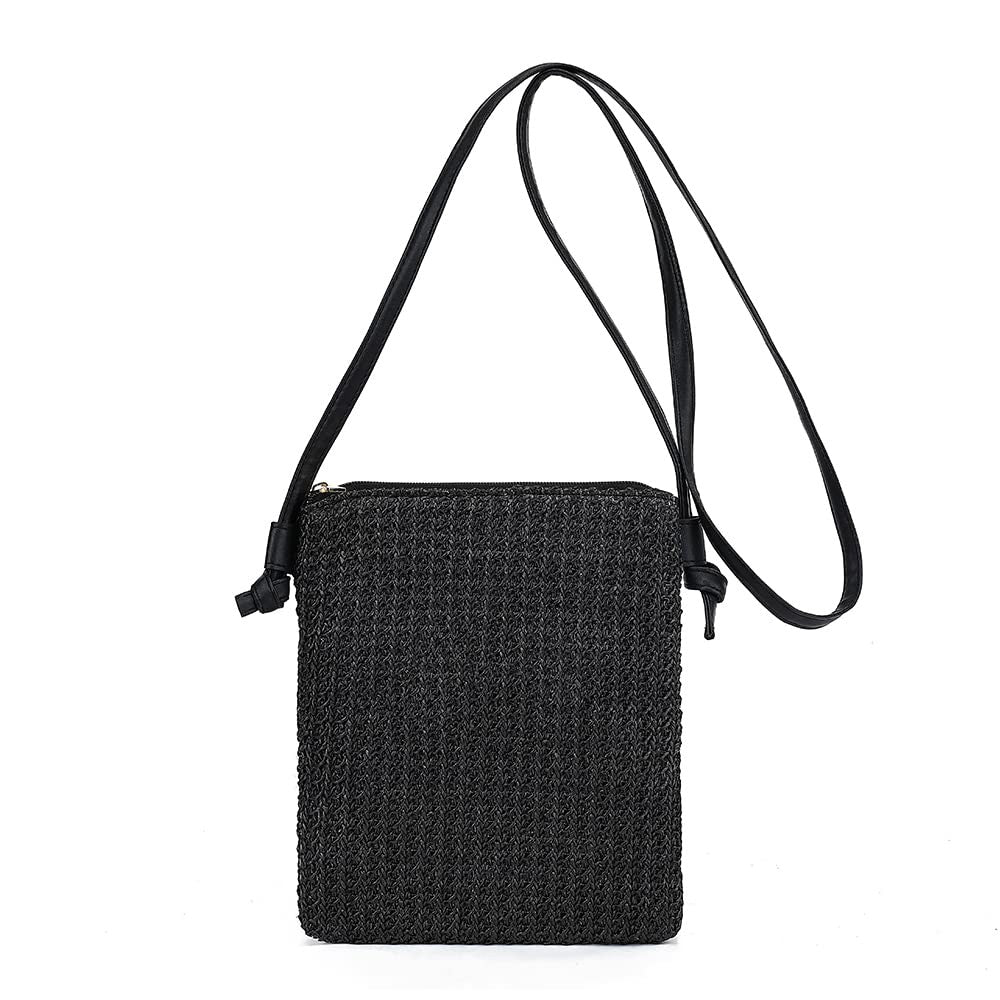Cute Black Straw Beach Bag, Handwoven Rattan Crossbody Purse for Summer