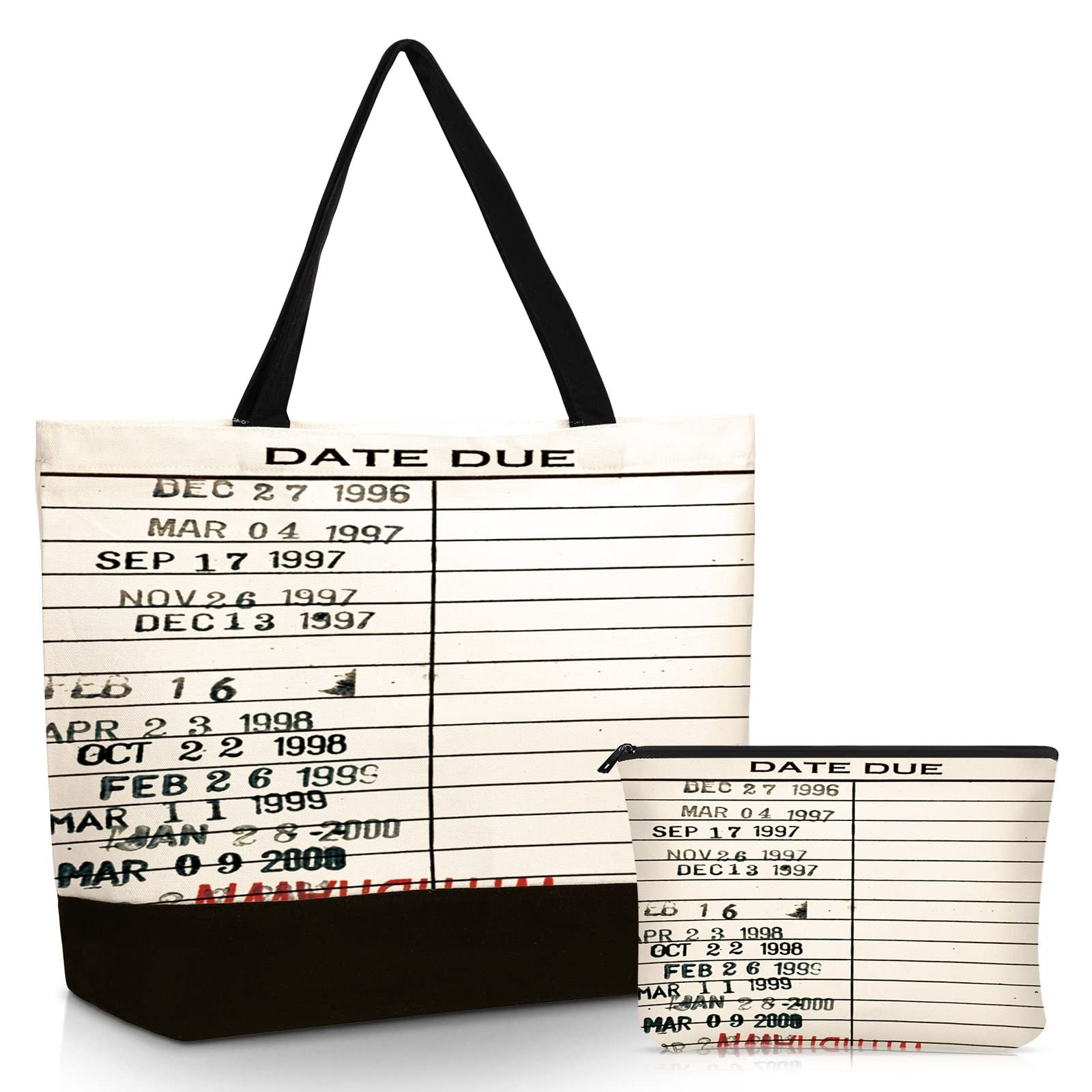 Vintage Library Bag & Cosmetic Pouch, Reusable Canvas, Black/White