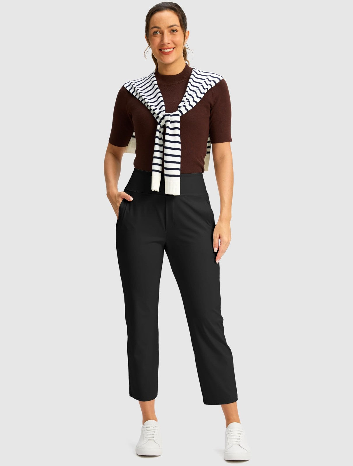 Black 7/8 High Waisted Women's Pants w/ 3 Pockets - Athletic, Casual L