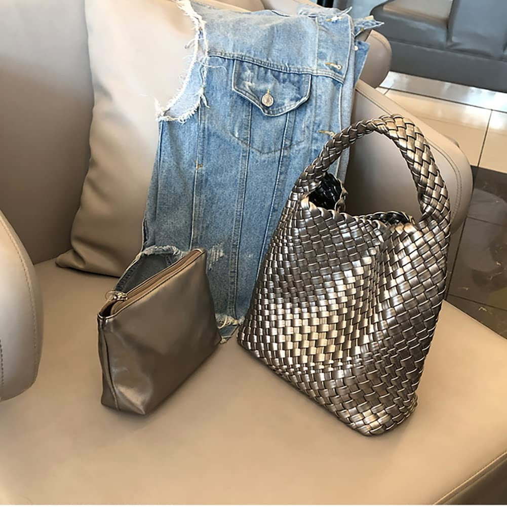 Vegan Leather Woven Hobo Bag, Stylish Silver Tote Handbag for Women