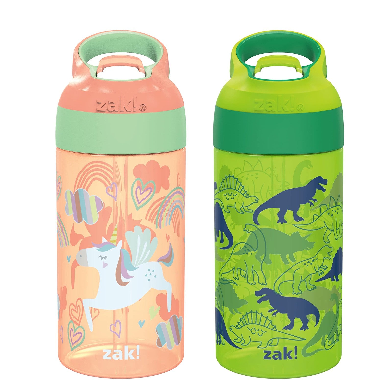 Reusable 16oz Kids Water Bottles, Unicorn & Dino Camo, Built-in Loop, 2 Pack
