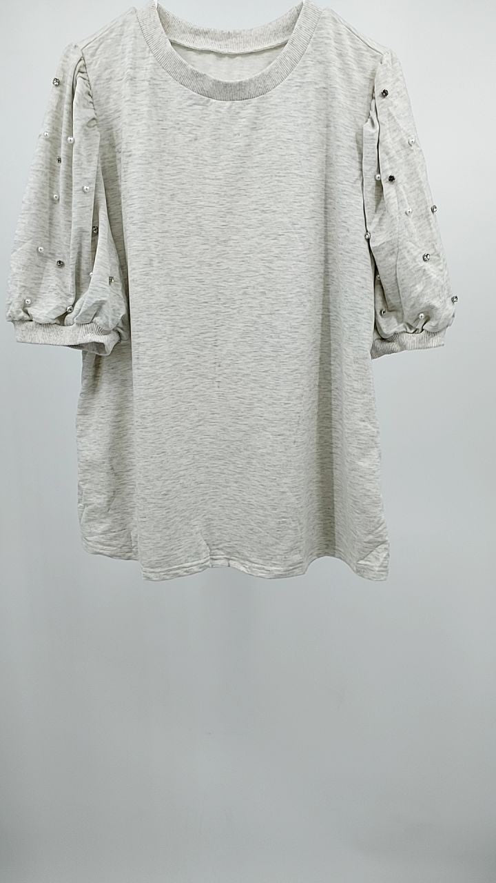 Rhinestone Pearl Detail Round Neck Puff Sleeve Top