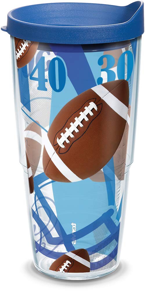 Tervis Football Yards Background Tumbler with Wrap and Blue Lid 24oz, Clear
