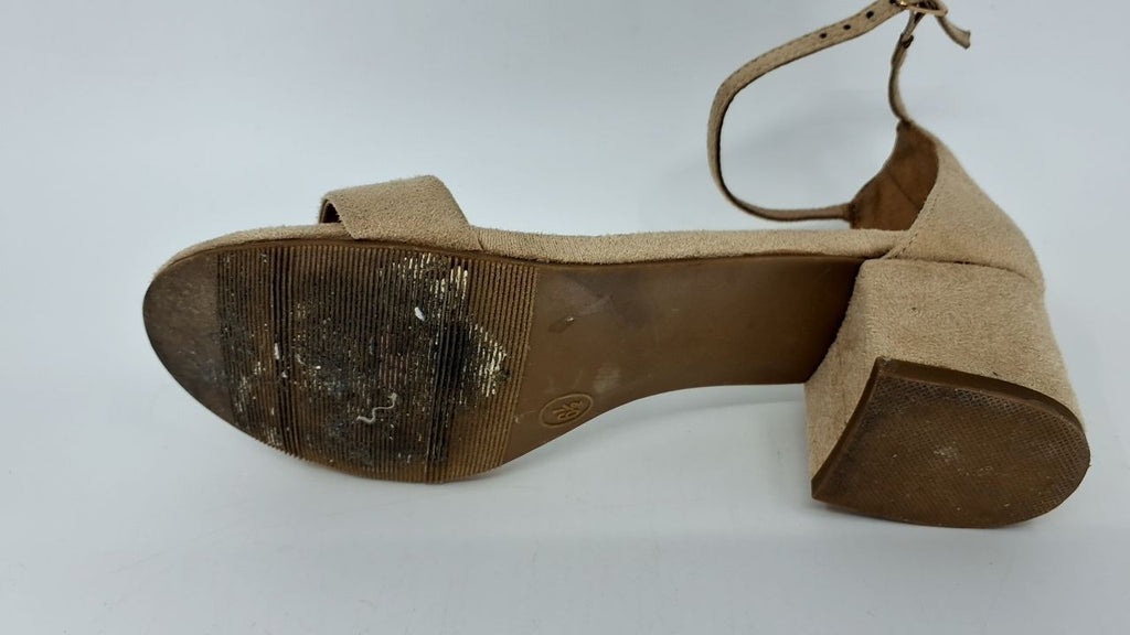 CUSHIONAIRE Alba 6.5 Natural Suede Mid Block Heel Dress Sandals