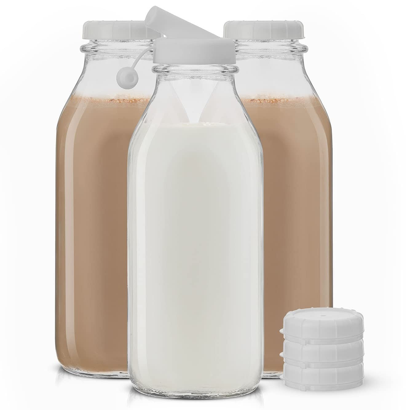 Airtight 32 Oz Glass Milk Bottles – 3 Pack w/ Lids & Pourer, Dishwasher Safe
