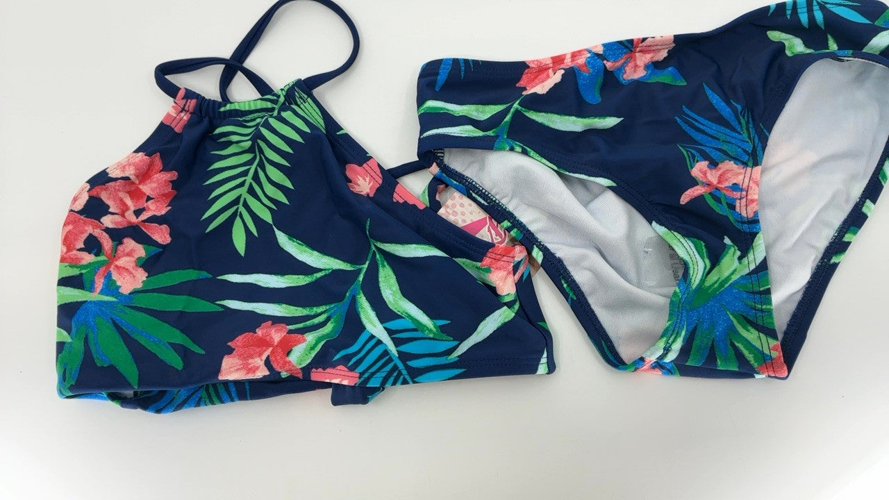 Kanu Surf Girls' Size 10 Navy Floral Halter Bikini 2-Piece Set