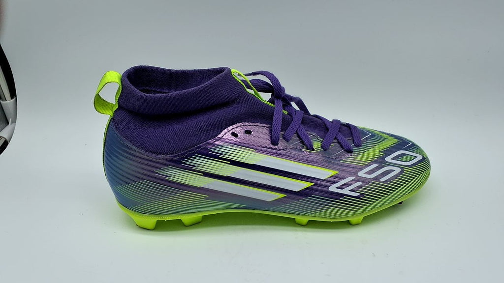 adidas F50 League Firm Ground Soccer Shoes, Purple Rush/White, 6 Big Kid