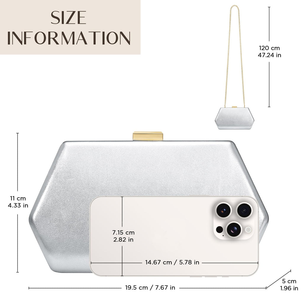 CHUNLI Evening Clutch Bag Silver PU Leather w/ Chain Strap, 7.67x4.33 in