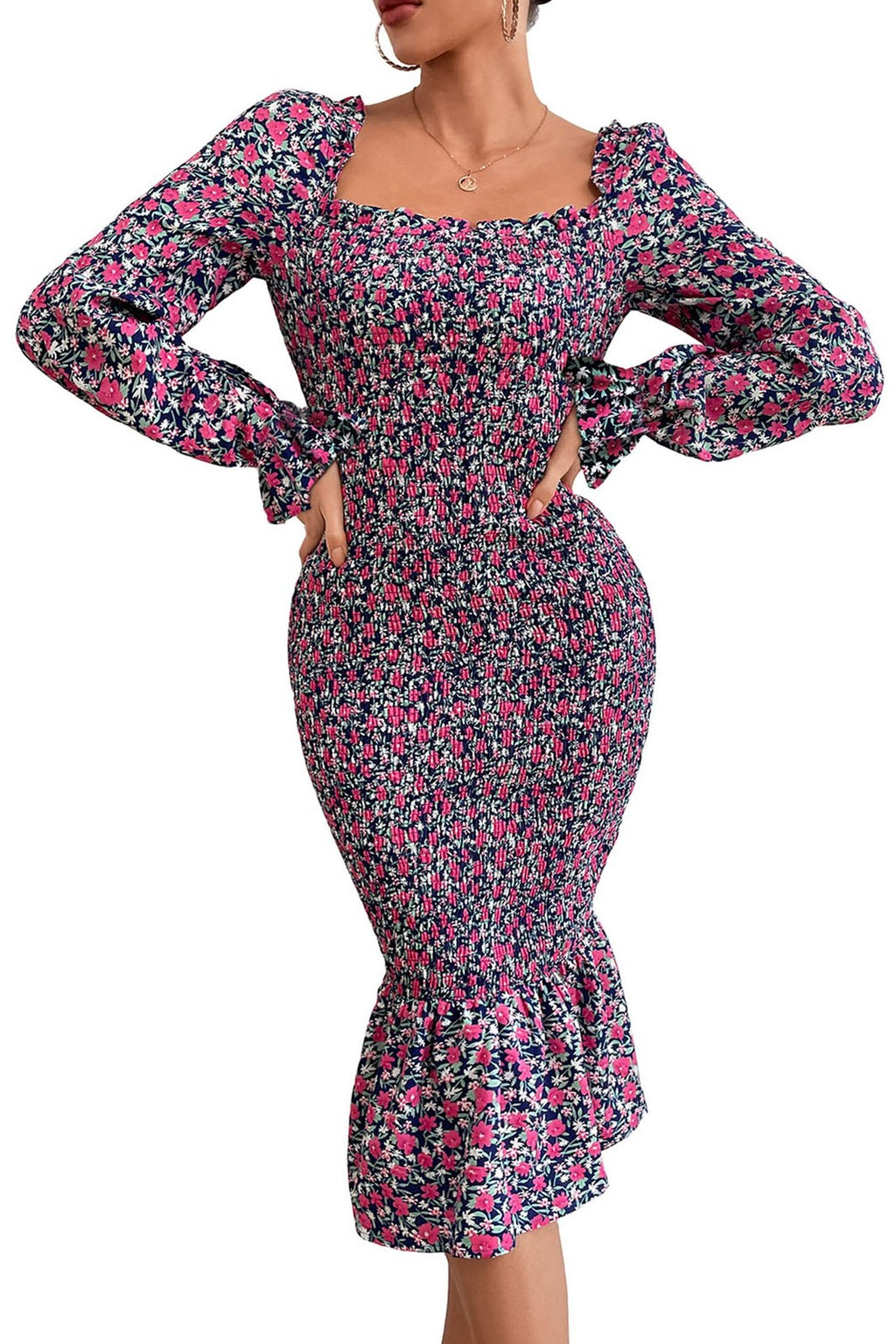 Floral Midi Bodycon Dress w/ Puff Sleeves, Square Neck, Blue Purple, M