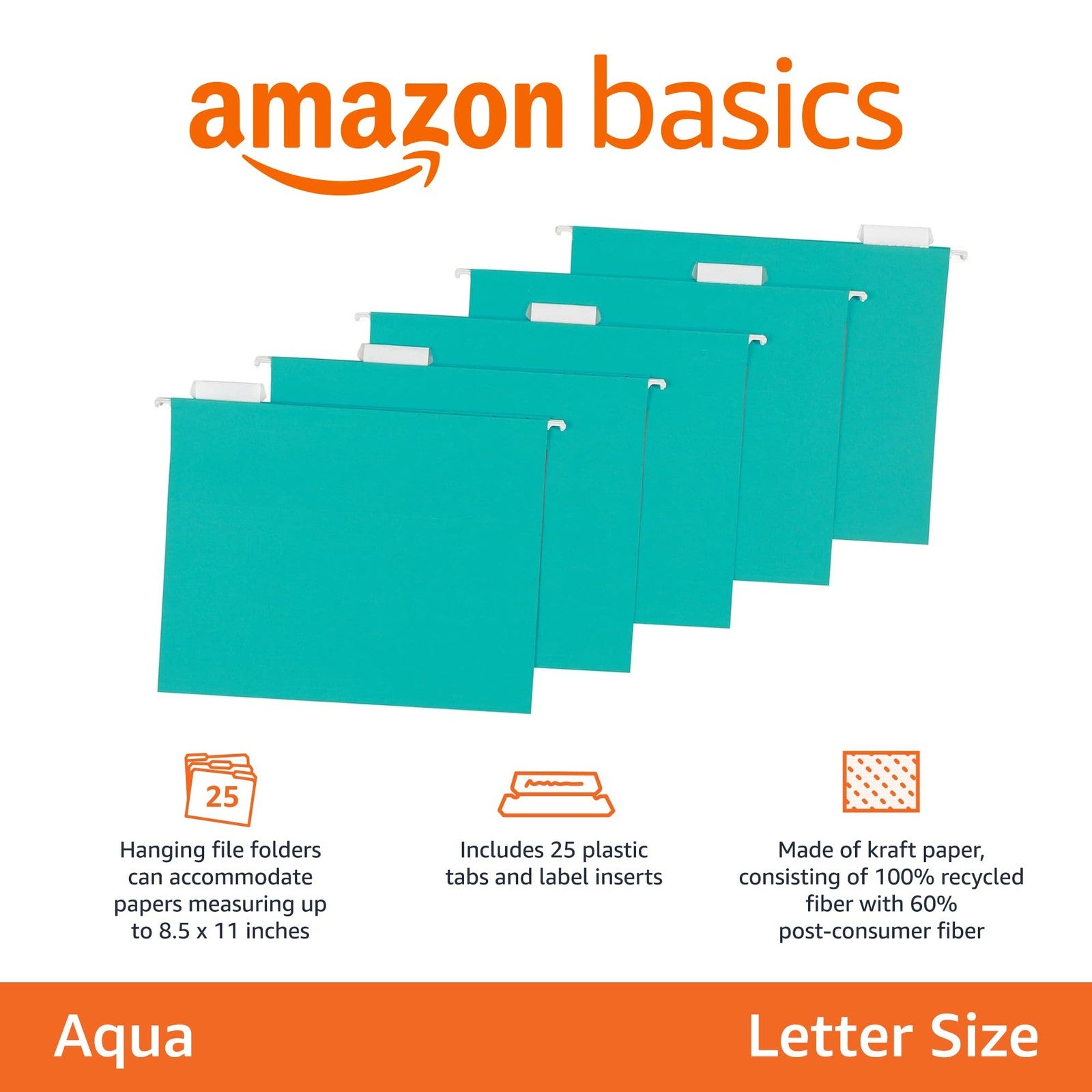 Amazon Basics Hanging File Folders, Letter Size, Aqua, 25-Pack