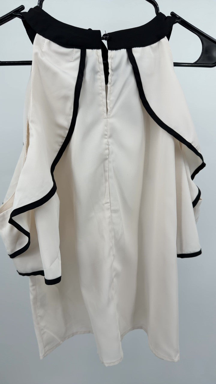 Ruffled Contrast Trim Cold Shoulder Blouse