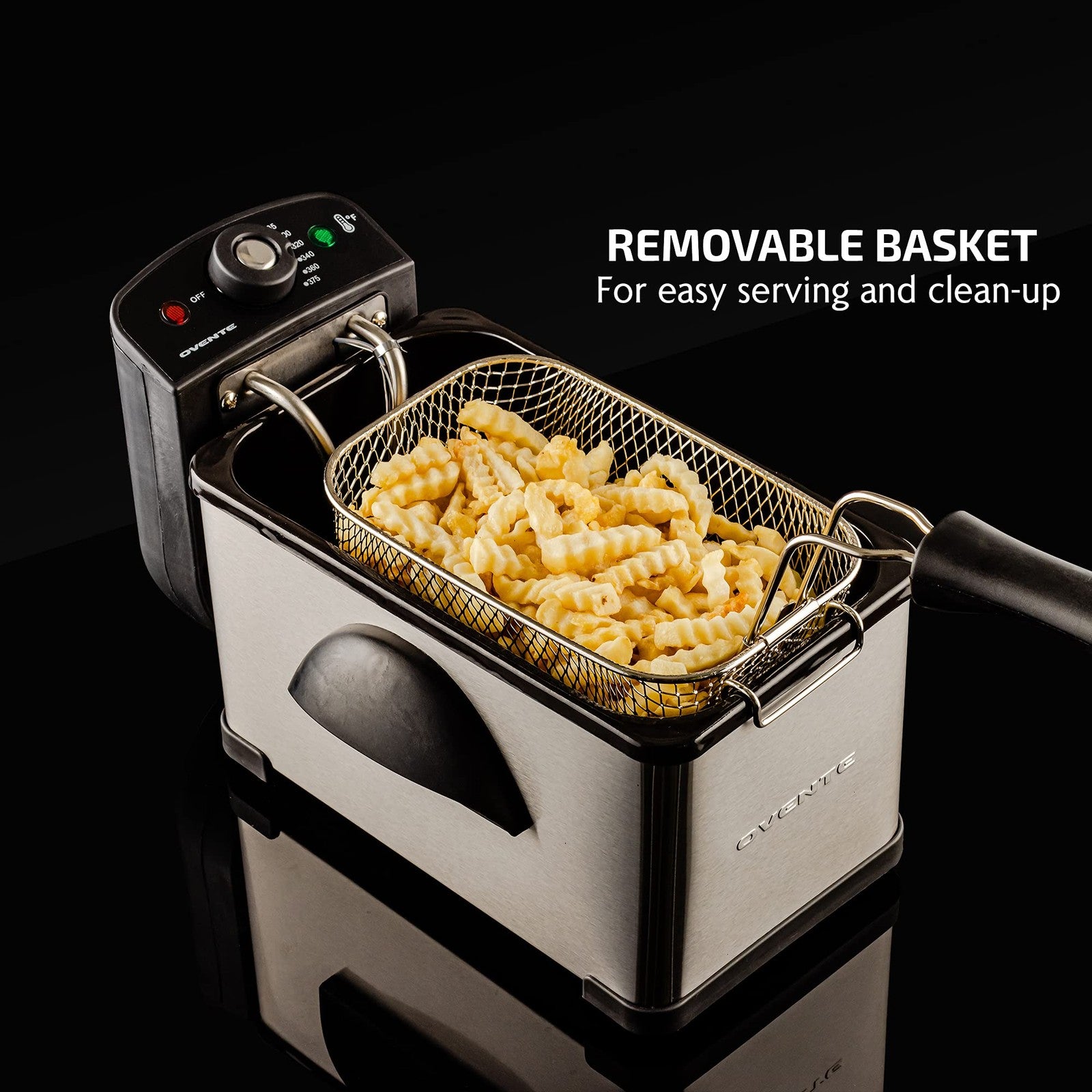 OVENTE FDM2201BR Deep Fryer, 2L, Adjustable Temp, Stainless Steel, Silver