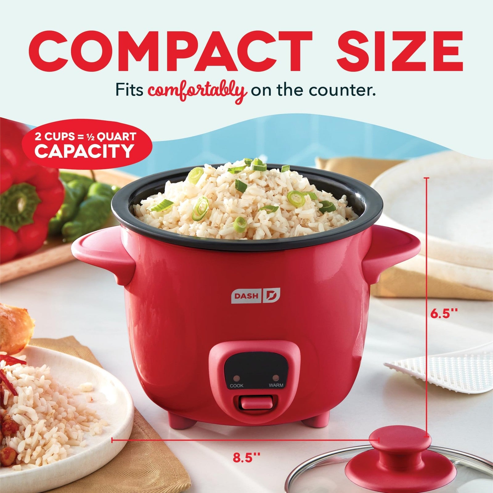 Compact DASH Mini Rice Cooker 0.5 Qt Red w/ Nonstick Pot & Recipe Guide