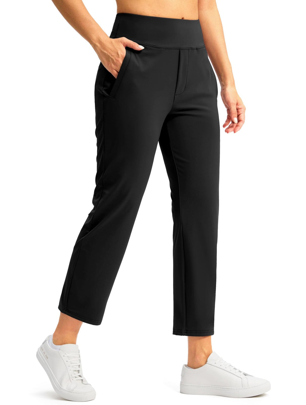 Black 7/8 High Waisted Women's Pants w/ 3 Pockets - Athletic, Casual L