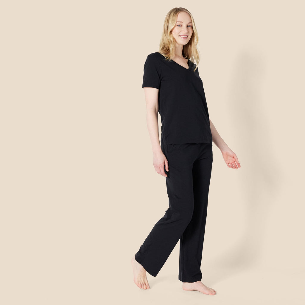 Cotton Blend Women's Sleep Set, Short Sleeve T-Shirt & Pants, Black, M