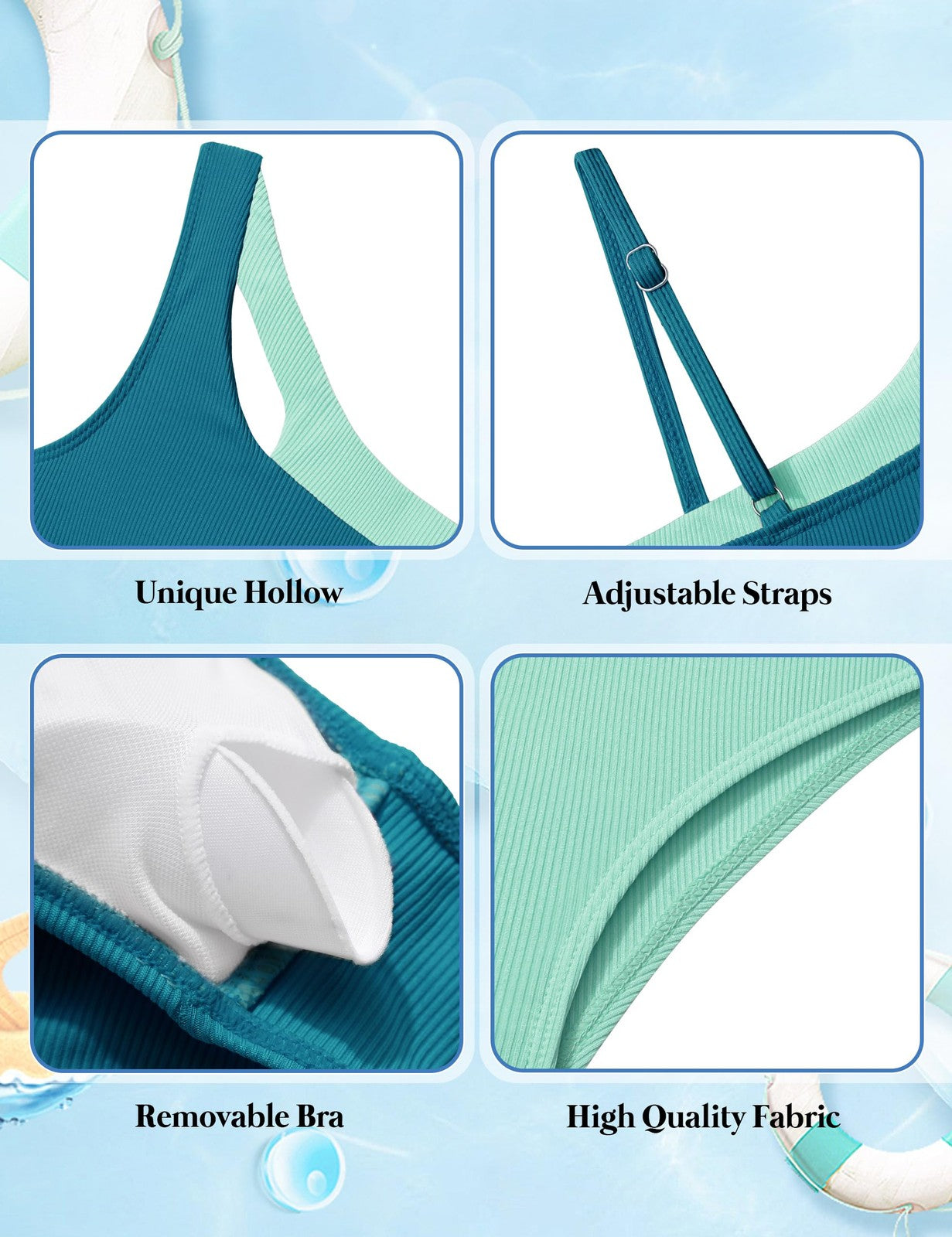 Adjustable Girls Swimsuit Set 7-8 Color Block Two Piece w/ Chest Pad