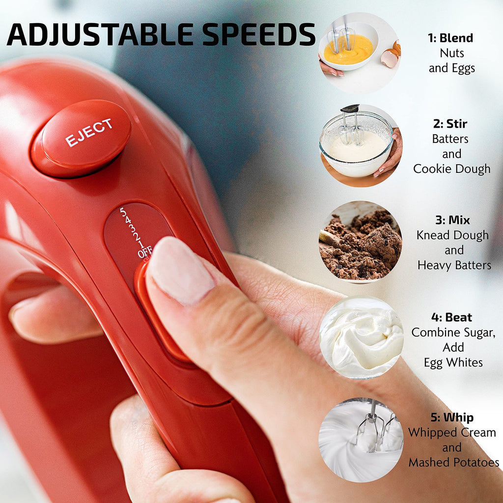 OVENTE Red Hand Mixer HM151R, 150W, 5-Speed w/ Stainless Steel Whisks