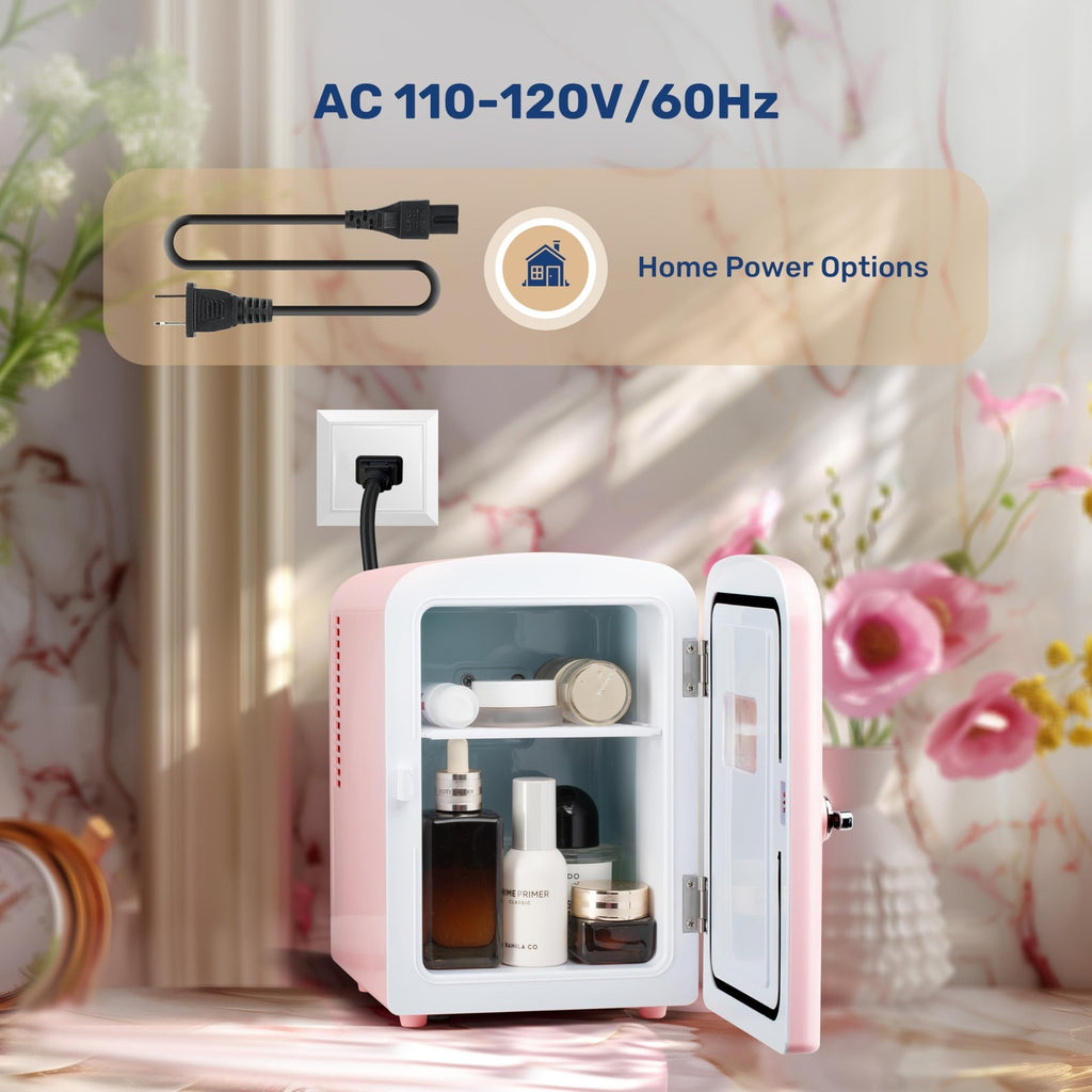 4L Pink Mini Fridge w/ Observation Window, Portable AC/DC Beverage Cooler