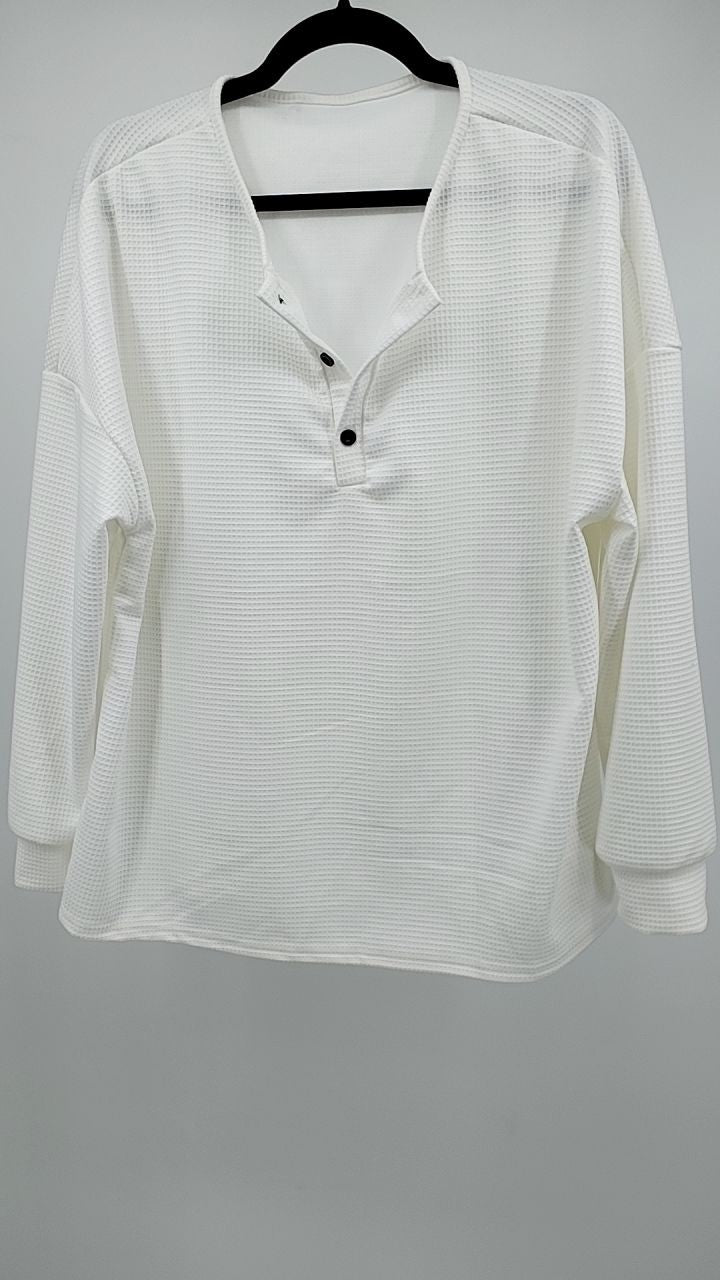 Full Size Casual Waffle Knit Button Detail Pullover Plus Size