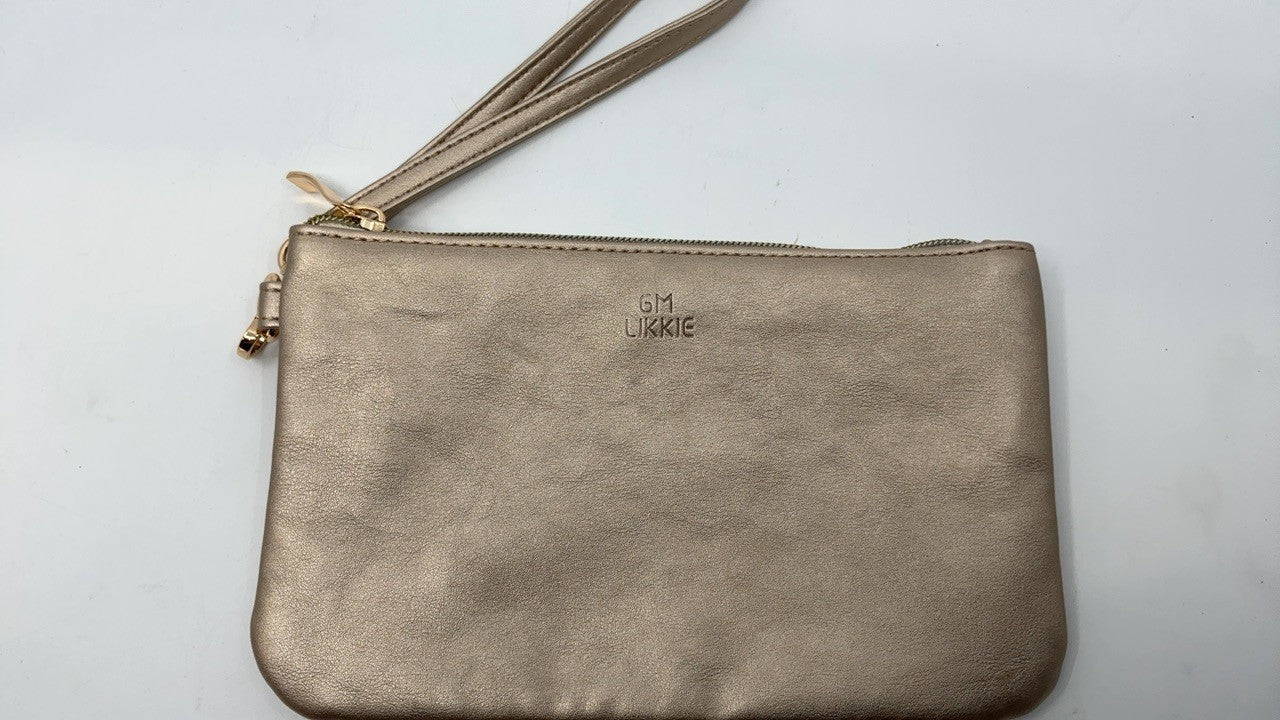 Gold Faux Leather Wristlet Purse w/ Detachable Strap for Women