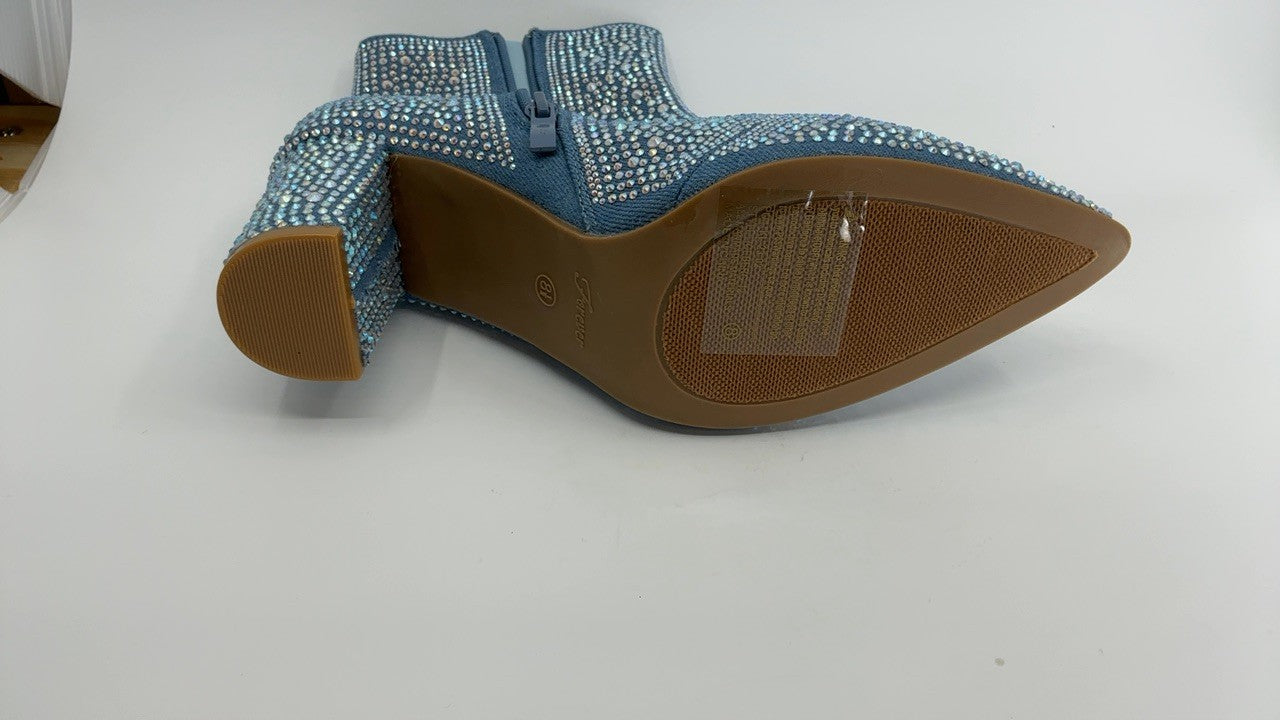 ABSOLEX Women's Blue Denim Pointed Toe Rhinestone Ankle Booties Size 8