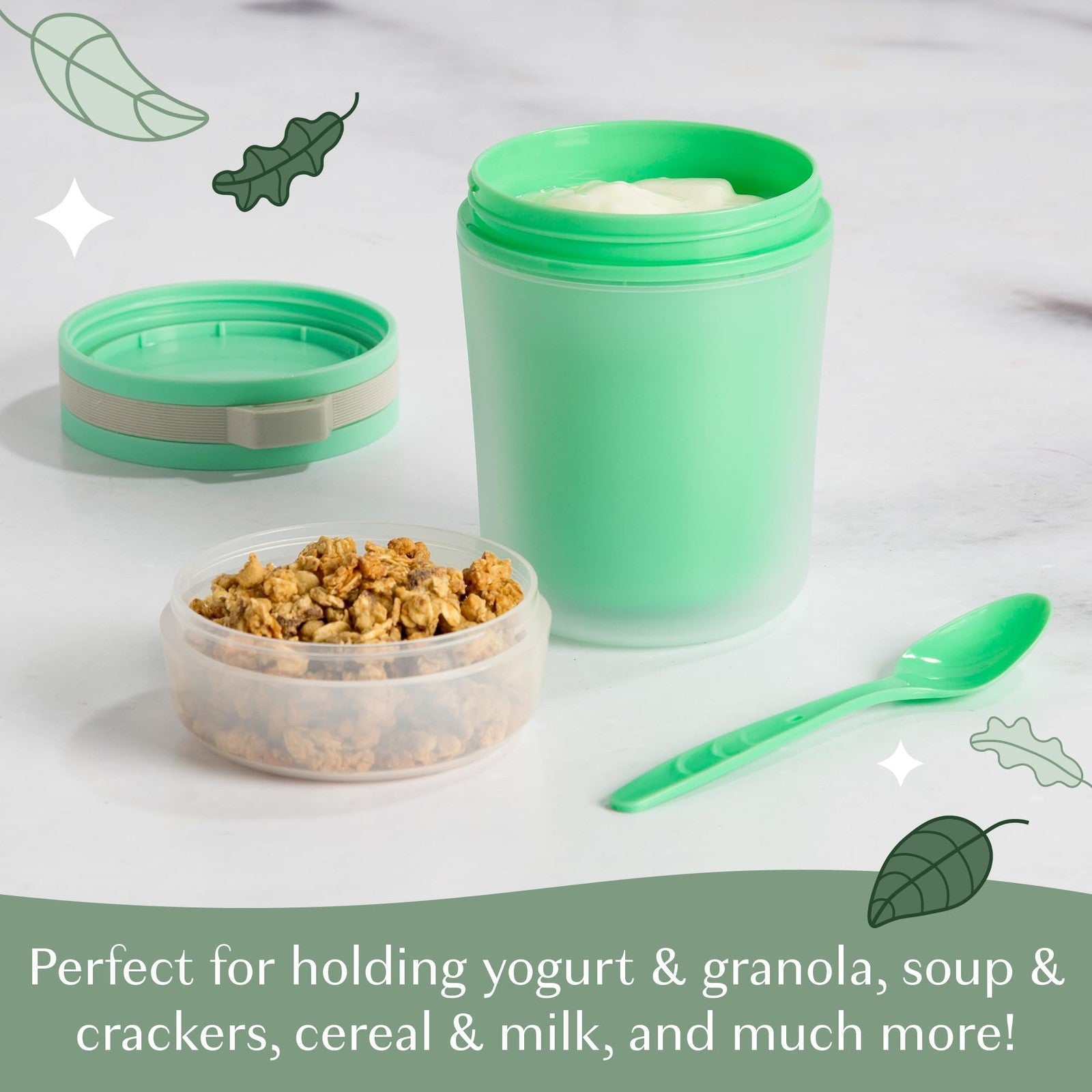 Goodful 14-Oz Insulated Yogurt Container w/ Spoon, Green, Leak Proof