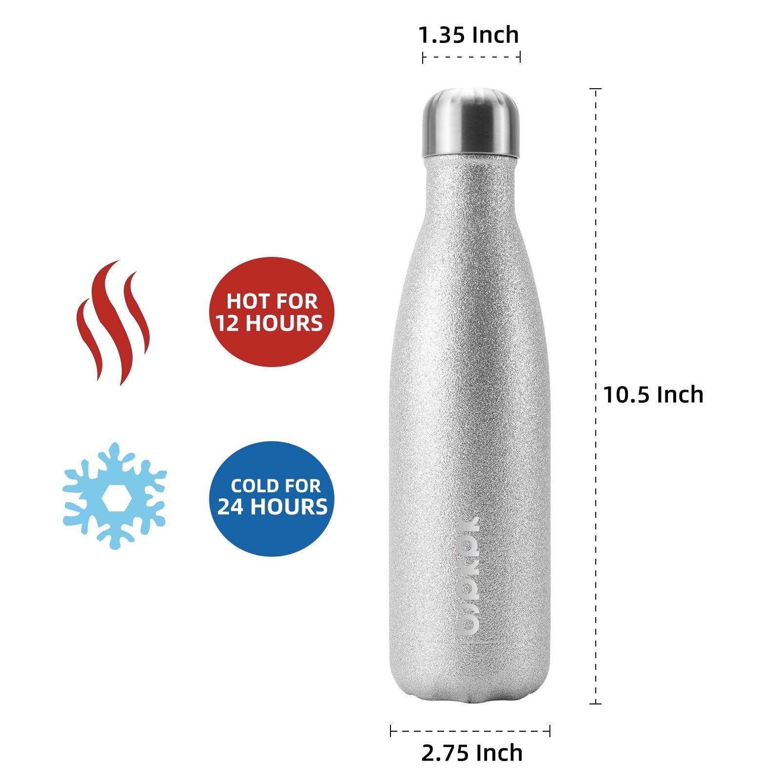 Stainless Steel Sports Water Bottle 17oz, Keeps Cold 24H, Glitter Silver