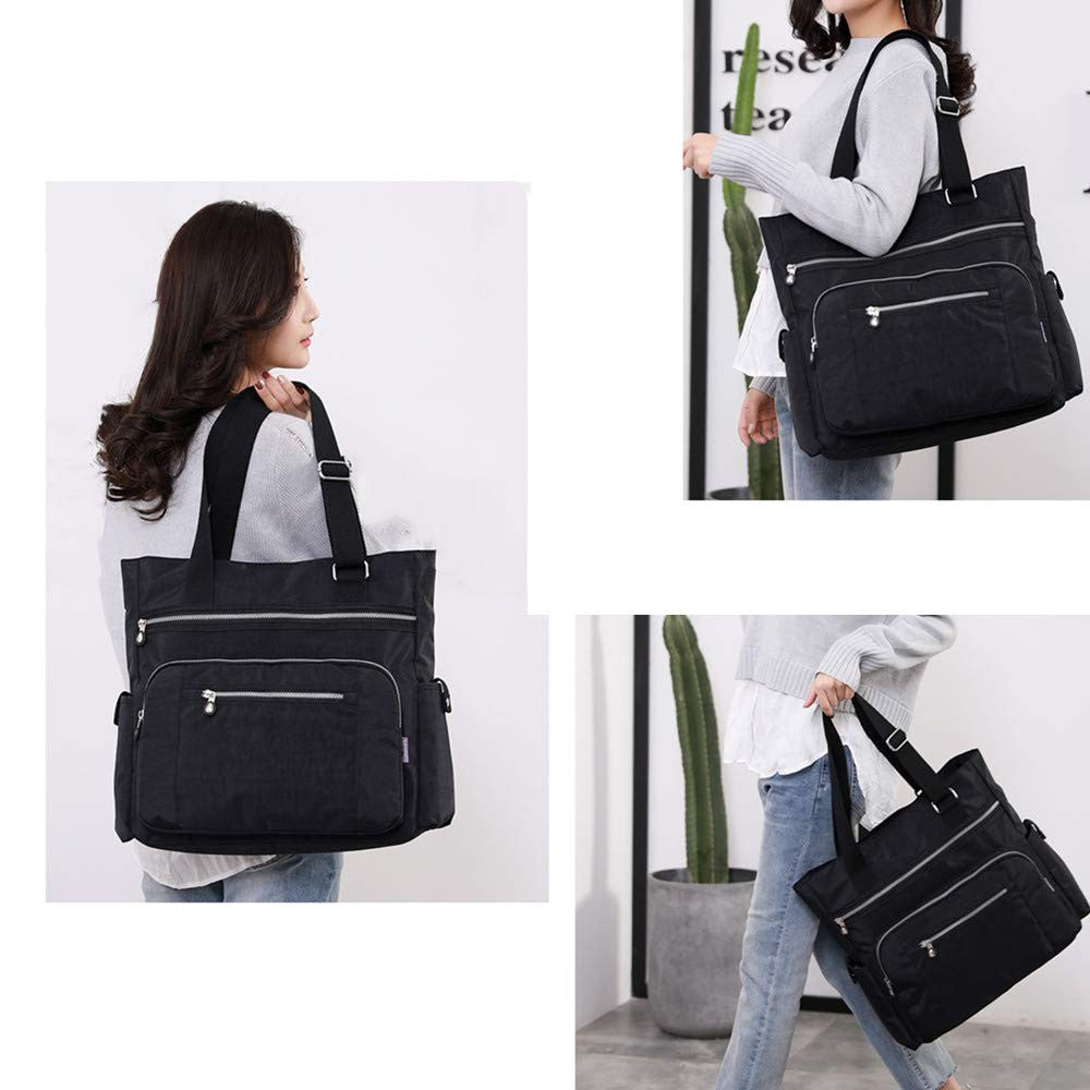 X-Black Nylon Tote Handbag Large Shoulder Bag w/ Pockets
