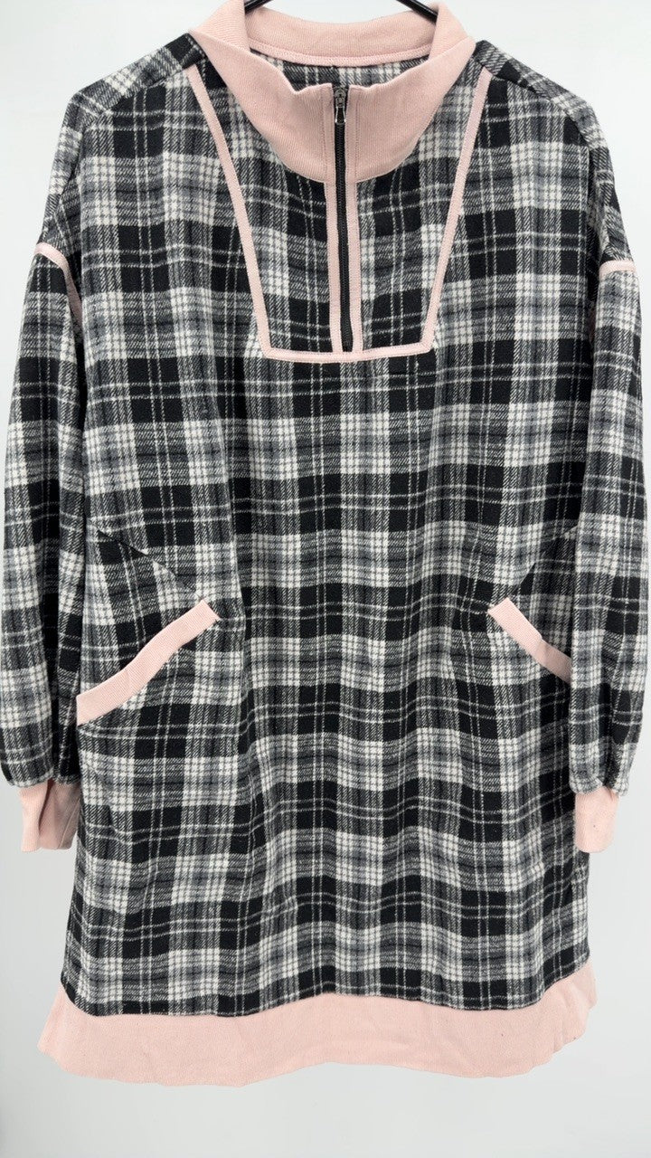 Plaid Polo Collar Zip up Contrast Trim Shift Long Sleeve Mini Dress