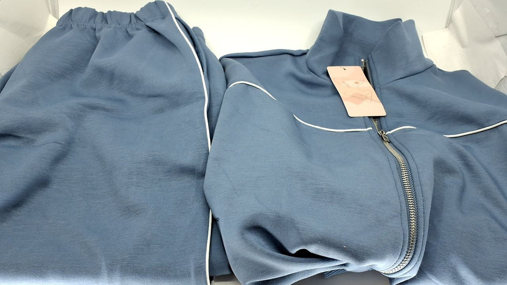 Medium Women's Tracksuit Set, Grey Blue, Long Sleeve Zip Sweatshirt & Pants