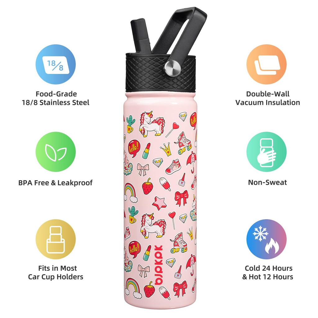 Reusable 22oz Stainless Steel Water Bottle w/ Straw, Unicorn Design