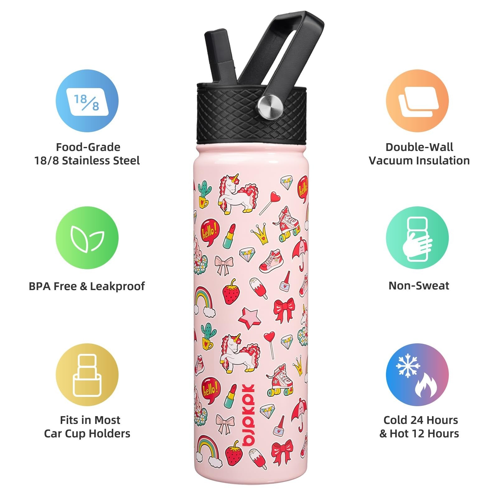 Reusable 22oz Stainless Steel Water Bottle w/ Straw, Unicorn Design