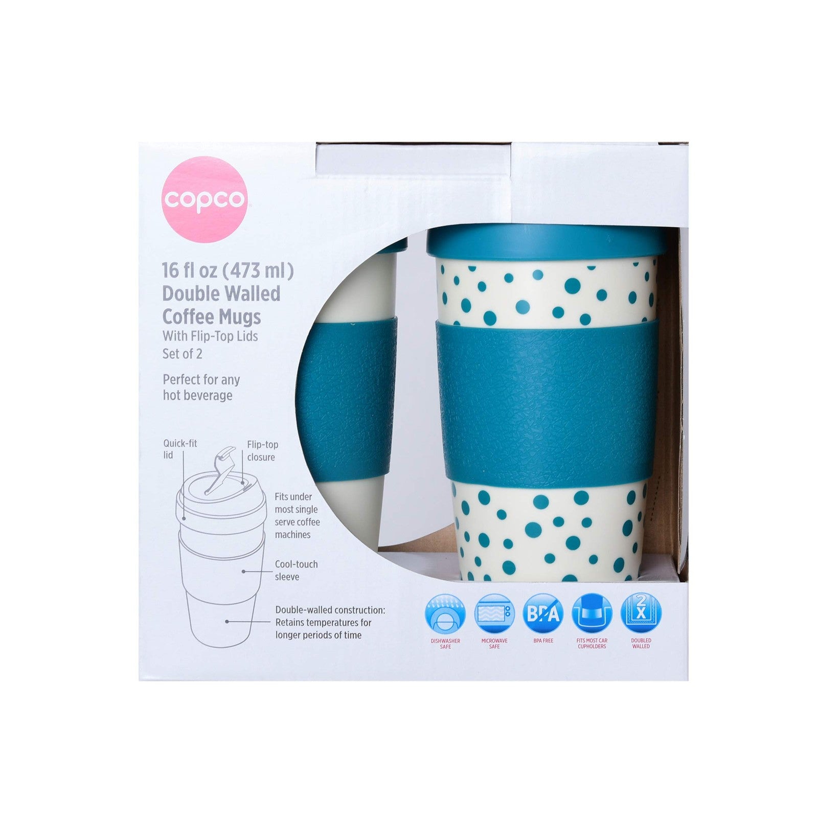 Copco Set of 2 Insulated Travel Mugs 16oz White/Teal Double Wall