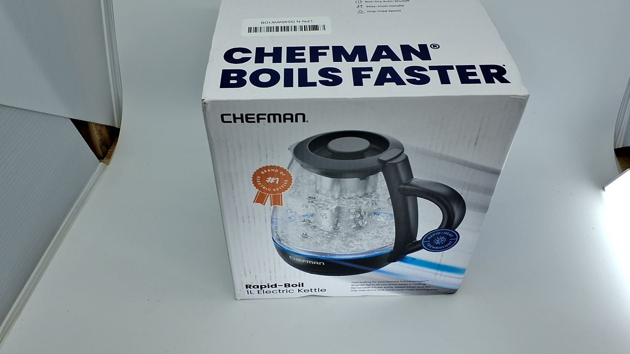 Compact Chefman Electric Tea Kettle, 1L, Removable Lid, Stainless Steel