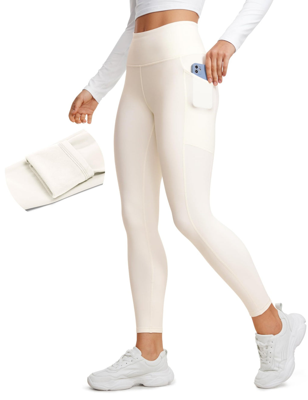CRZ YOGA Thermal Fleece Lined Leggings 25'' Pockets X-Large White Apricot