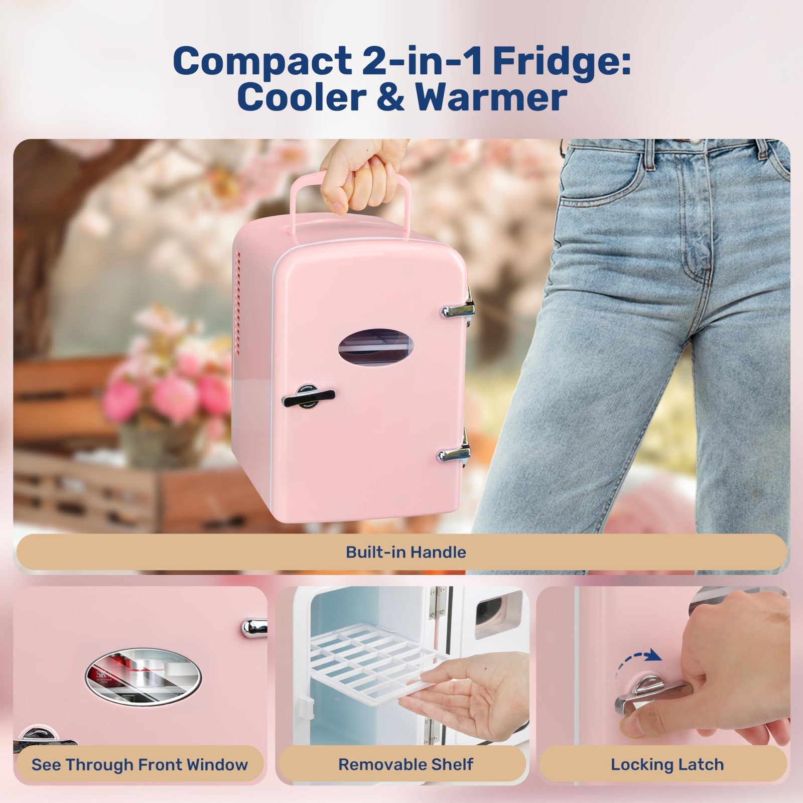 4L Pink Mini Fridge w/ Observation Window, Portable AC/DC Beverage Cooler