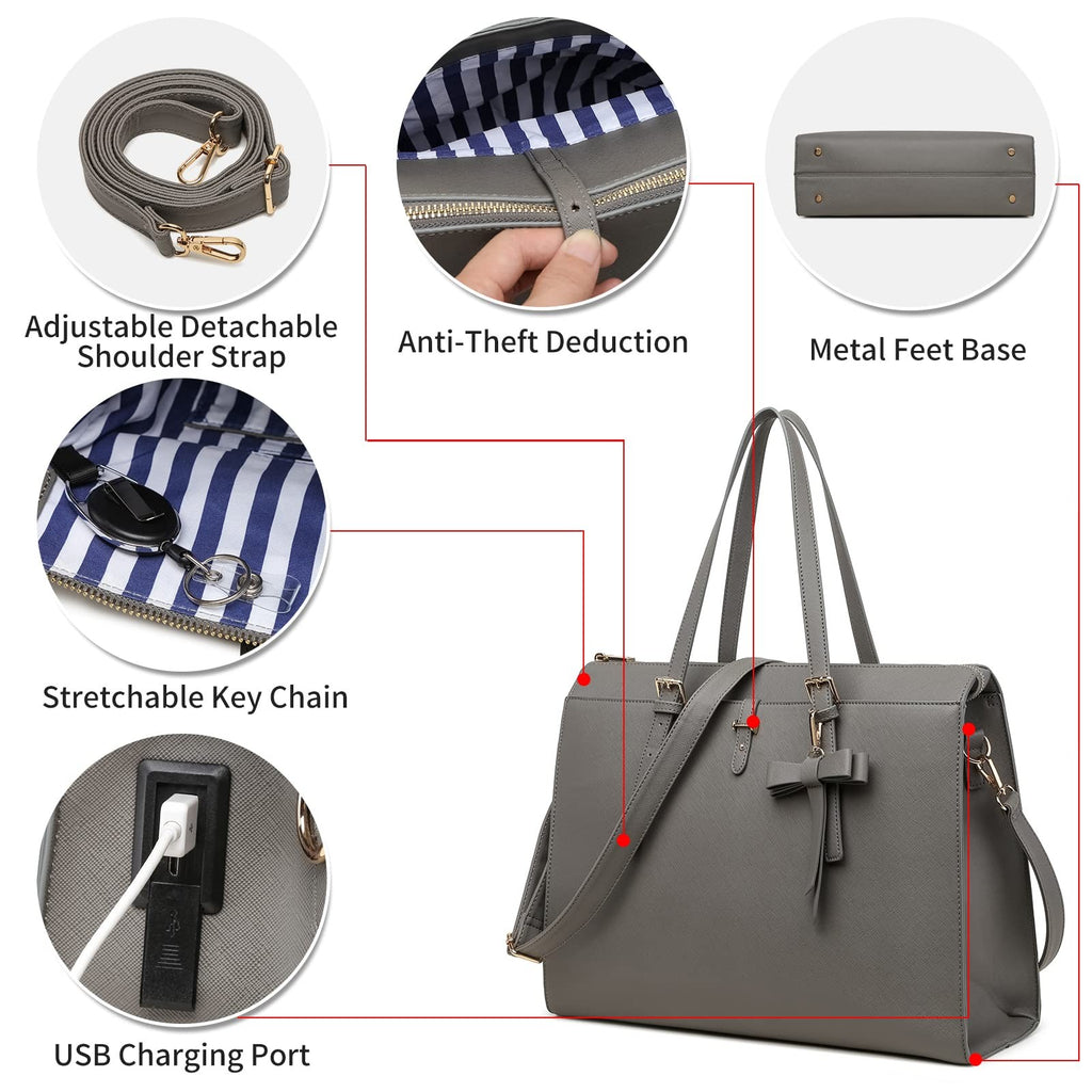 Women’s Gray Leather Laptop Bag, Large Tote w/ USB Port, 4pcs Set