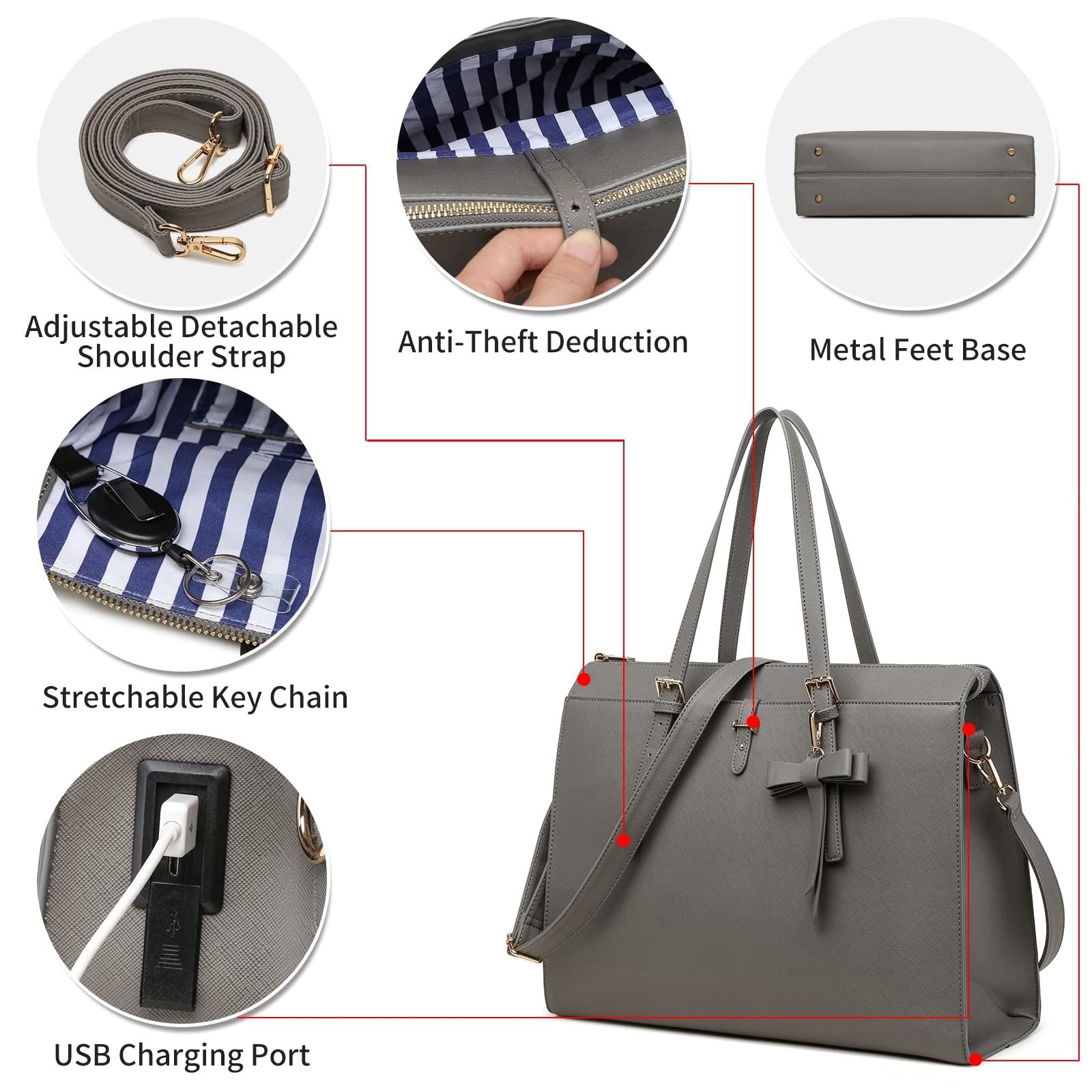 Women’s Gray Leather Laptop Bag, Large Tote w/ USB Port, 4pcs Set