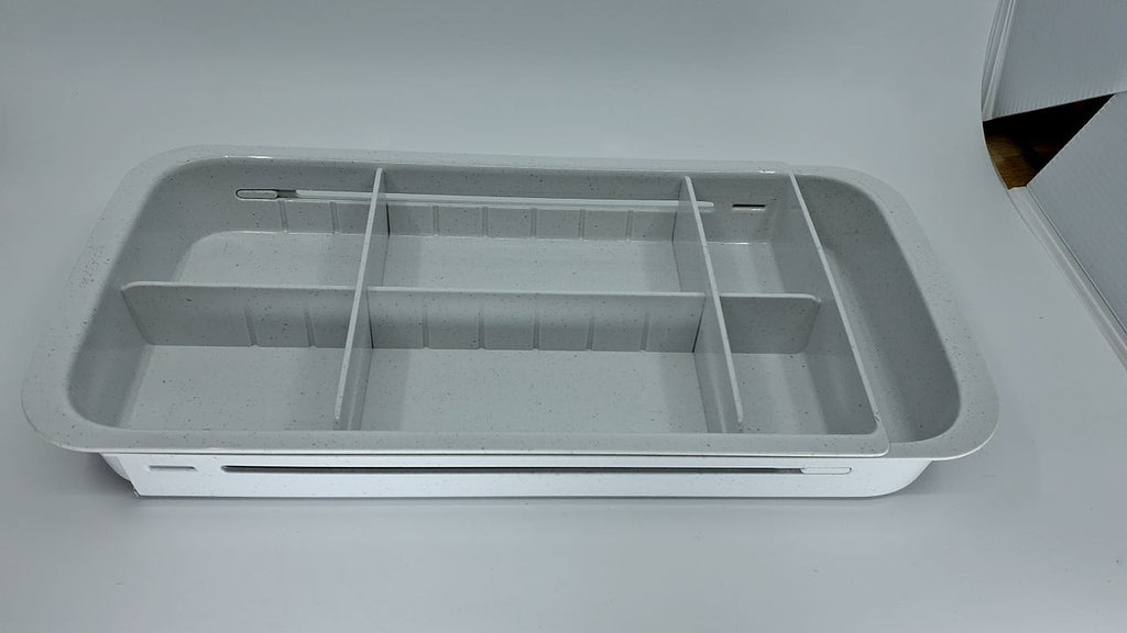 Adjustable Divided Drawer Tray, Expandable Kitchen Storage, Speckled White