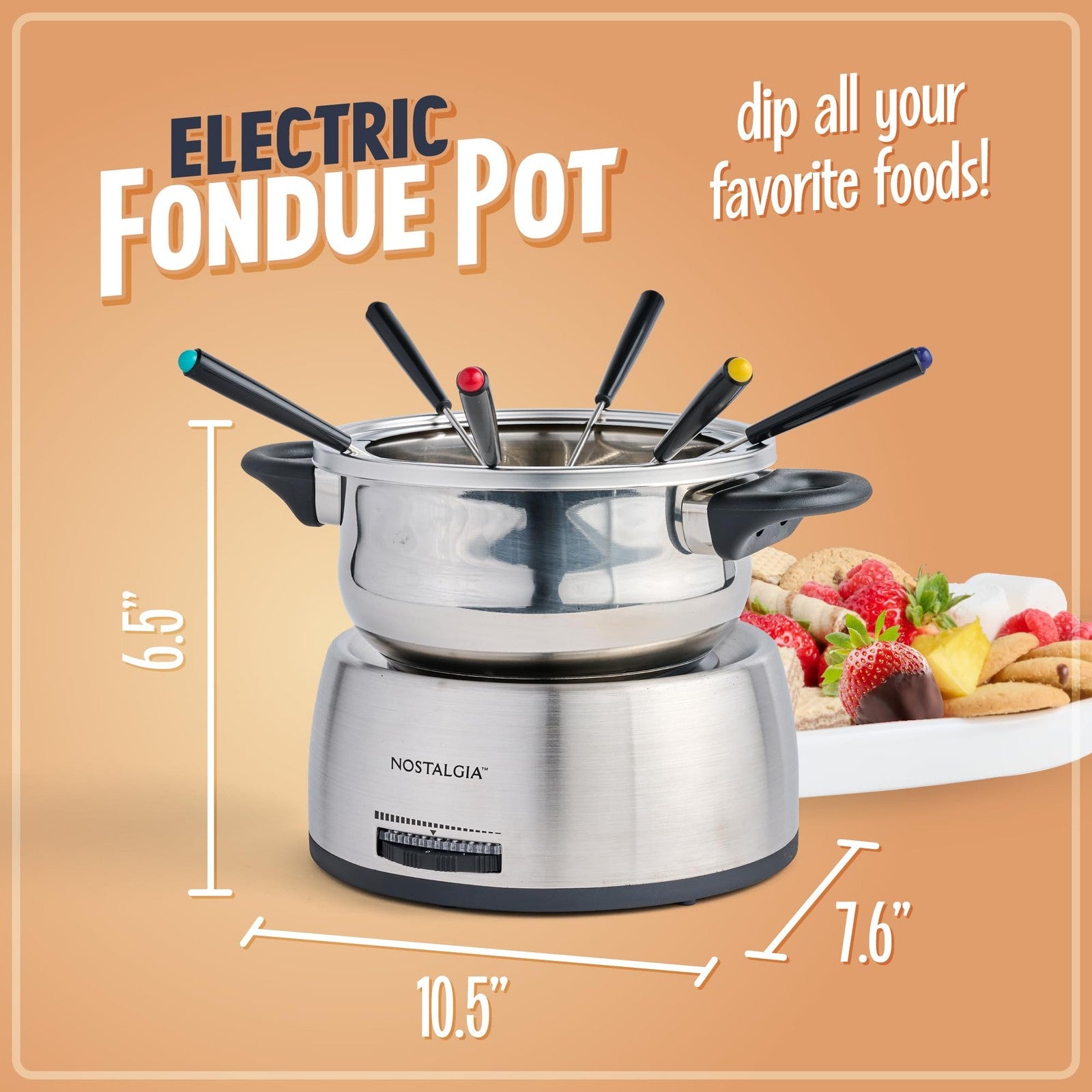 Nostalgia 6-Cup Electric Fondue Pot Set w/ Color-Coded Forks, Stainless Steel
