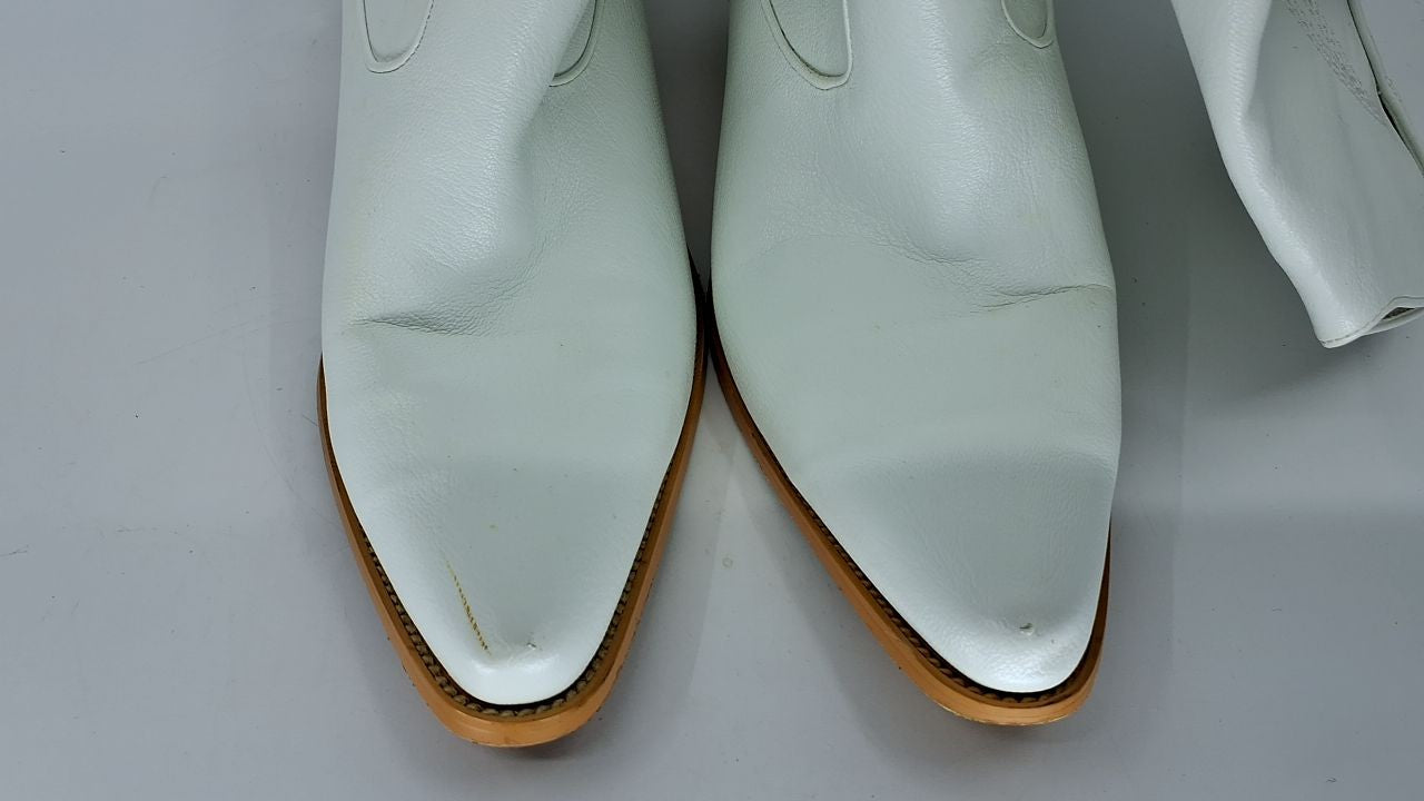 Embroidered White Cowboy Boots for Women, 8 Wide, Chunky Heel, Knee High