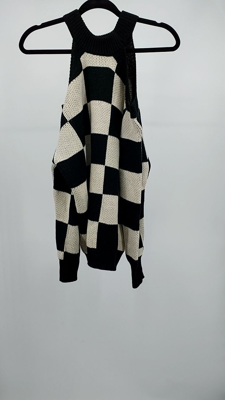 Cold Shoulder Checkered Long Sleeve Sweater
